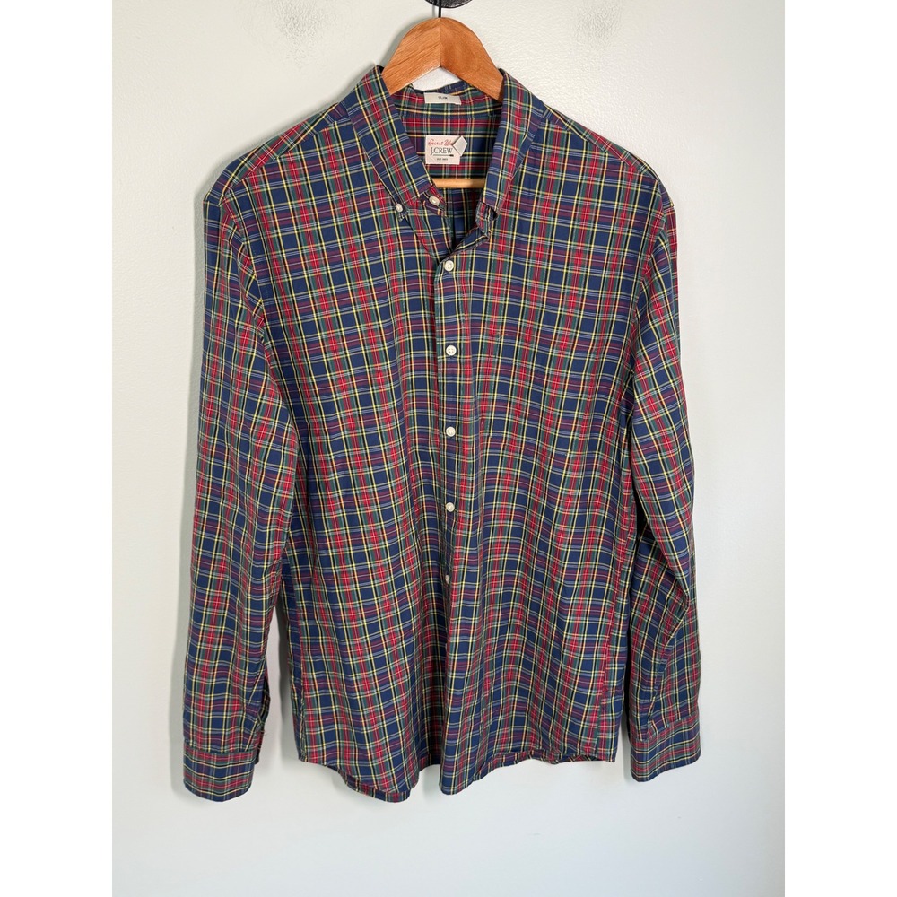 JCrew Secret Wash Plaid Shirt Mens Large Slim Fit Navy Red Green Long Sleeve